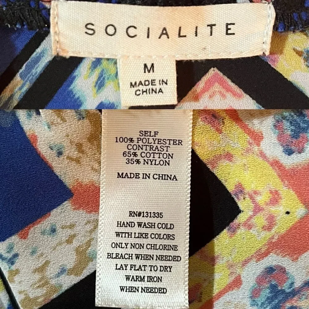 Socialite Watercolor Floral Geometric Black Lace Yoke Mini Dress Royal Blue S